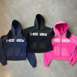 Sudadera con capucha de otoño con serigrafía bordada 3D personalizada algodón pesado 400GSM lavado ácido sol desteñido remache diamantes de imitación largo - Product Image 3