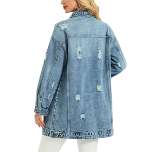 Chaqueta vaquera larga desgastada de gran tamaño para mujer, gabardina MIDI holgada a la moda de otoño - Product Image 5