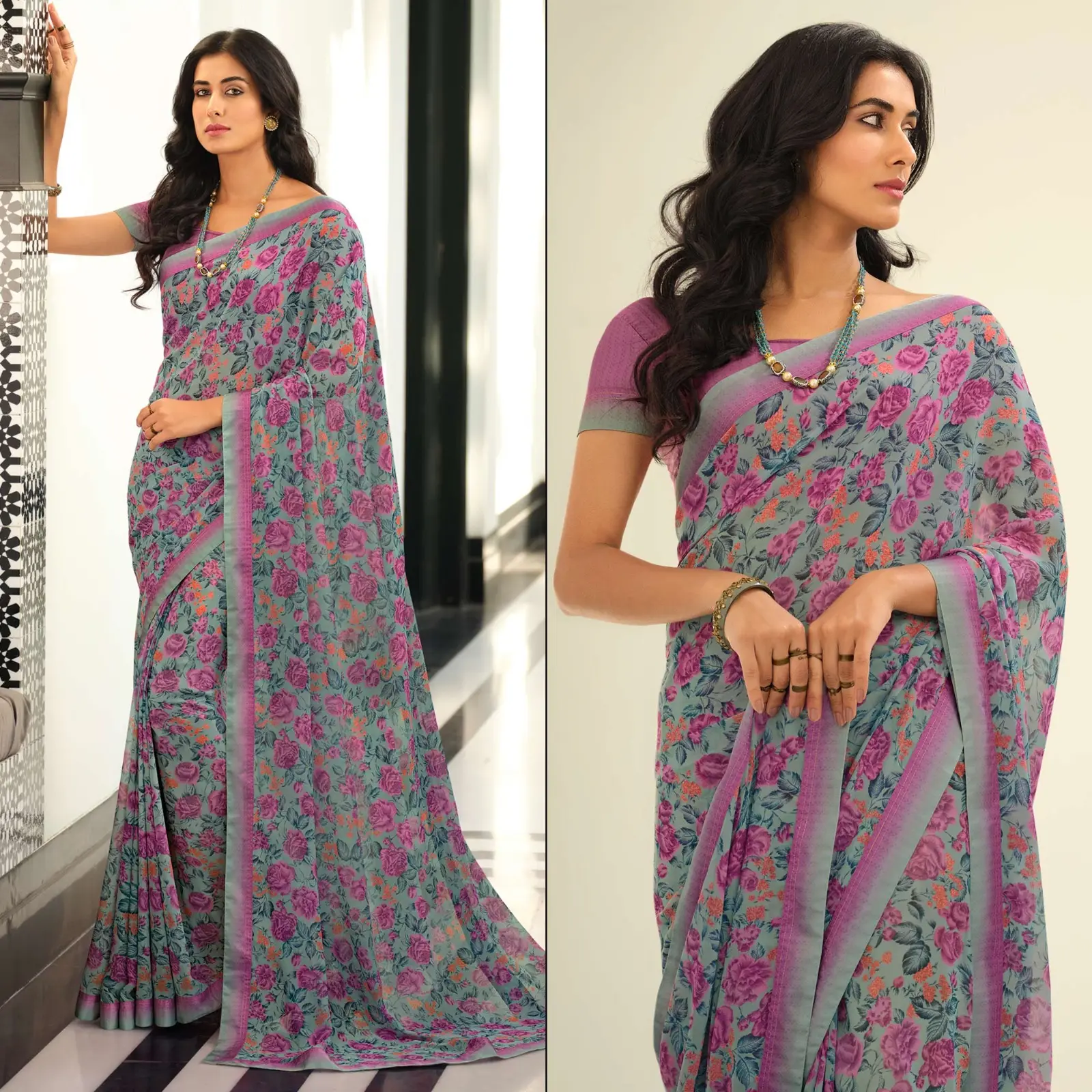Dân Tộc Bollywood Saree georgette thiết kế bên mặc phụ nữ in kỹ thuật số Sari nhiều màu handmade