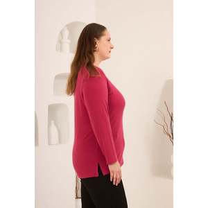 Suéter de Punto con Cuello Redondo y Abertura Lateral para Mujer, Talla Grande, Color Fucsia, Manga Larga, para Otoño e Invierno, Marca RMG - Product Image 3