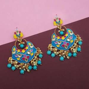 Kriaa Blue Meenakari et perles Kundan Dangle Boucles d'oreilles Fine 1314210A Jewelry - Product Image 1