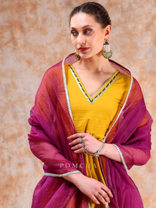 DIL KASH-Robe décontractée en coton jaune, violet, demi-manches, ajustée et évasée, robe Sharara pour femme - Product Image 2