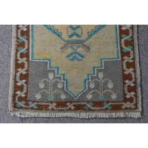 Vintage Turkish Rug Ethnic Blue <b>Brown</b> 1.5x2.8ft Classic Jacquard Weave <b>Wool</b> Latex Backing for Bedroom Hallway Patchwork Pattern - Product Image 3