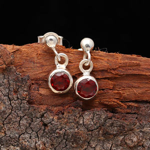 Pendiente de piedra redonda de piedra preciosa de granate Natural de Plata de Ley sólida 925 pura, pendientes de gota de plata de piedra granate hechos a mano para mujer - Product Image 2