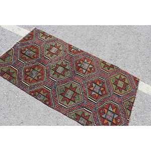 Tapis Kilim vintage 2,9x5,4 pi (88x164 cm), tapis turc rouge Ikat - Product Image 4
