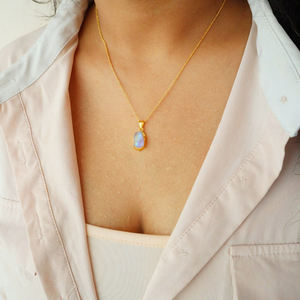 Raw Natural Rainbow Moonstone <b>Pendant</b> Necklace 24K Gold Plated Customized Charm June Birthstone - Product Image 6