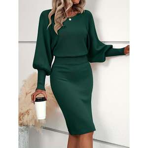 Ensemble robe pull mi-longue à manches lanternes, couleur unie, respirant, décontracté pour femmes, hiver - Product Image 2
