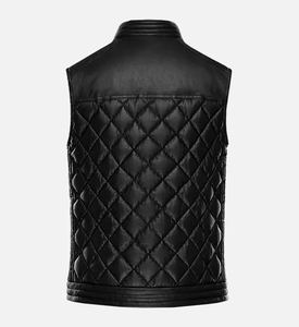 Chaleco de Motociclista de Cuero Genuino Negro, Paneles Acolchados con Diseño de Diamantes, Cuello Redondo, Cierre de Botones Cubiertos, Transpirable, Ropa Exterior Vintage para Hombre - Product Image 5