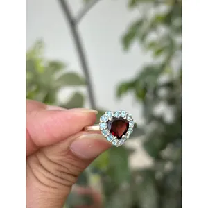 Bague Cœur en Argent 925 avec Grenat Naturel, Tendance, Sertie Or Rose et Plaqué Or Rhodium 18K, Plusieurs Options Disponibles - Product Image 2