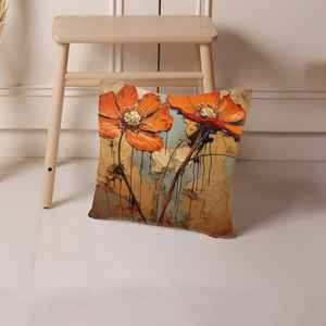 Almohada con estampado floral abstracto de margaritas y flores naranjas - Decoración moderna para el hogar, 16"x16" - 40x40 cm - Product Image 2