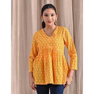 Yellow Jaipuri Chic Top Asymmetrical Collar Stand Collar Embroidered Decoration Women's Poplin <b>Silk</b> Peplum XL for Office Wear - Product Image 1