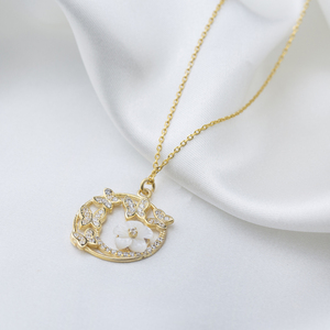 Round Shape Butterfly White Enamel Flower Design Zircon Stone Charm Necklace Turkish Handmade 925 Sterling Silver Jewelry - Product Image 2