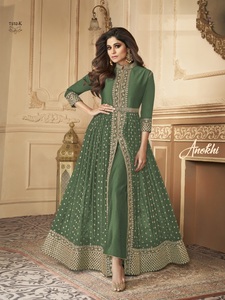 Collection de costumes Real Heavy Georgette Anarkali Salwar avec broderie de séquence robe de soirée de mariage indienne et pakistanaise - Product Image 2