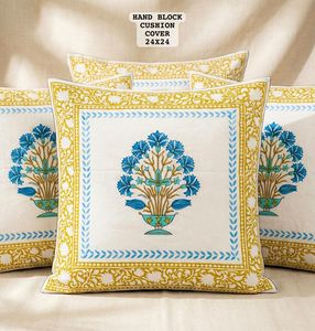 Hand Block Printed Cotton <b>Cushion</b> <b>Cover</b> 24x24 Inch – <b>Blue</b> Floral Traditional Decorative Pillow <b>Cover</b> - Product Image 3