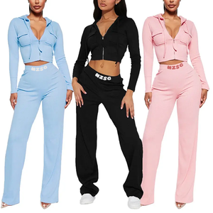 เสื้อครอปแจ็คเก็ตแบบลำลองมีฮู้ดและกางเกงพลุกระดิ่งพร้อมกระเป๋าสไตล์สีทึบชุด2ชิ้นทรงผอมโลโก้ออกแบบได้ตามต้องการฤดูใบไม้ร่วงฤดูหนาว - Product Image 1