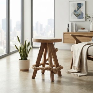 Modern Round Solid <b>Wood</b> <b>Stool</b> Natural Rustic Chair Accent Furniture With Thick Rope Detail For Contemporary Home Decor Setup Art - Product Image 2