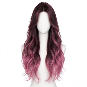 Ombre Burgundy Pink Long <b>Wavy</b> <b>Wig</b> Lace Front Synthetic Hair <b>Wig</b> for Party Cosplay Daily Wear - Product Image 1