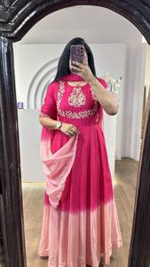 Rose ombré Chinnon soie Anarkali élégant brodé longue robe évasée Silhouette pour la fête de mariage porter pour l'été hiver - Product Image 2