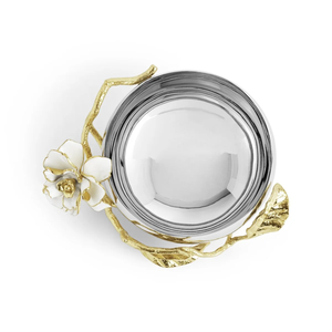 Golden Blossom Luxe Bowl Centro de mesa de plata con adornos florales dorados y detalles de hojas - Product Image 6