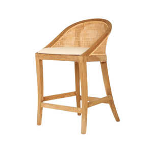 Chaise de bar de salle à manger moderne européenne en teck massif et rotin, siège rembourré, meubles écologiques pour la maison, pour îlot de cuisine, café - Product Image 1