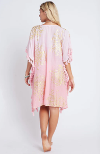 Kaftan corto con cuello en V y estampado dorado para mujer de nuevo estilo, mangas tres cuartos, Mini longitud con cordones, ropa de resort elegante para la playa - Product Image 4