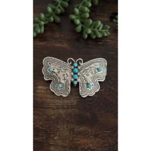 Barrette à cheveux vintage Jereme Delgarito Kingman, faite à la main en argent sterling et turquoise, motif papillon - Product Image 1