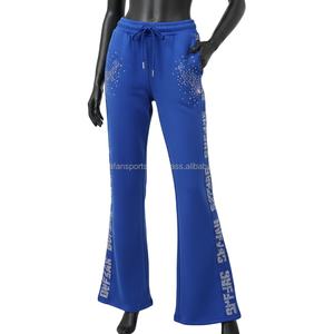 Women Flare Sweat Pant 300 GSM Soft Polyester Royal <b>Blue</b> Rhinestone Pocket Detail Custom Logo Screen Print Women Flare Pants - Product Image 1