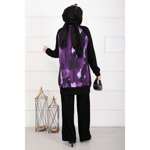 Ensemble hijab deux pièces décontracté en mousseline de soie côtelée à imprimé batik, chic pour la saison printanière - Product Image 5