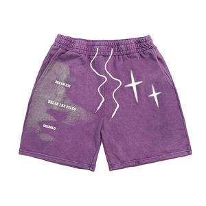 กางเกงขาสั้นผ้าฝ้ายถักเอวยางยืดพิมพ์ลายดวงดาวสำหรับผู้ชายกางเกงซักลายดาวสีม่วงแบบลำลองออกแบบได้ตามต้องการสไตล์สตรีทสูง - Product Image 1