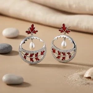 Boucles d'oreilles pendantes en émail rouge argenté pour femmes, bijoux de mode - Product Image 1