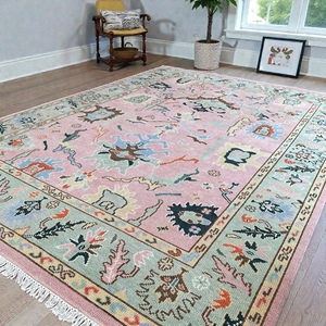 Modern Handwoven Turkish <b>Wool</b> Oushak Rug Soft Pink & Green/<b>Yellow</b> Tones Multiple Sizes (9x12 10x14) Bedroom/Living Room - Product Image 5