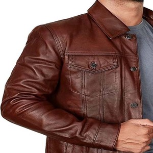 Chaqueta de moto auténtica de piel de oveja marrón para hombre, cuello vuelto, cierre de invierno de un solo pecho, procesamiento en relieve, suministro ODM - Product Image 5