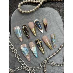 Uñas Postizas con Diseño de Jardín Azul Dorado, Elegante Diseño de Jardín con Acentos Azules Dorados - Product Image 3