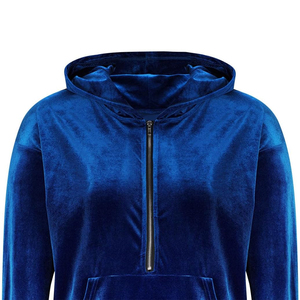 Sweats à capuche en velours pour femmes adultes couleur bleue demi-fermeture éclair pulls chauds d'hiver sweats à capuche en velours pour dame - Product Image 4
