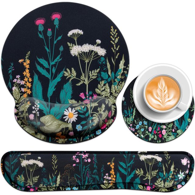 Acezeek 3-in-1 Gaming Mouse Mat Set Memory Foam Wrist Support Keyboard Rest Ergonomic Pain Relief Floral Pattern Rectangular Pad