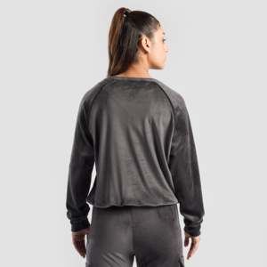Women's High Quality <b>Velour</b> <b>Sweatshirt</b> in Grey Hooded Zipper Streetwear Style Long Length Hip Hop Embroidered Design Regular Fit - Product Image 2