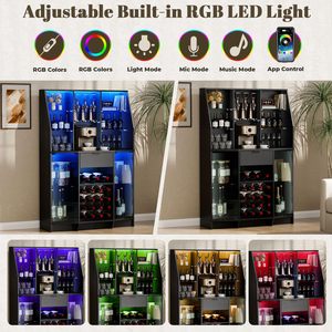 Mueble Bar Grande Negro para el Hogar con Luces LED y Estante para Vinos, Aparador Alto para Cafetera y Almacenamiento para Comedor - Product Image 5