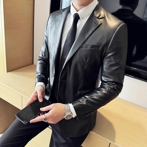 High Quality <b>Leather</b> <b>Jacket</b> Men Single Button Slim Fashion <b>Leather</b> <b>Blazers</b> Male Business Casual Suit Coats Solid PU Outwear Man - Product Image 3