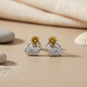 Boucles d'oreilles en argent 925 plaqué or 18 carats avec pierre précieuse citrine Boucles d'oreilles pendantes avec pierre principale en diamant Cadeau pour femme Bijoux - Product Image 3
