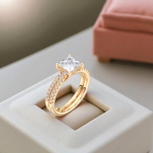 Anillo de compromiso de oro macizo de 2,50 quilates de 2,00 quilates con banda a juego de diamantes de moissanita de corte redondo y princesa de quilates - Product Image 3