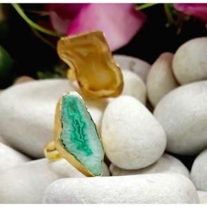 Vintage Casual Brass <b>Ring</b> with Gold Plated Agate Druzy Gemstone <b>Adjustable</b> Opening Trendy Bezel Setting for Gifts - Product Image 6