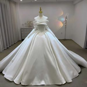 For JJ127 Modern Satin Boat Neck Empire Wedding <b>Dress</b> with Floral Crystal Appliques <b>Long</b> Chapel Train - Product Image 1