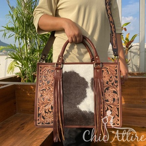 Western Hand Tooled Leather Tote <b>Bag</b> Hair on Cowhide Concealed Carry Crossbody Purse for Women's Genuine Leather <b>Laptop</b> Handbags - Product Image 1