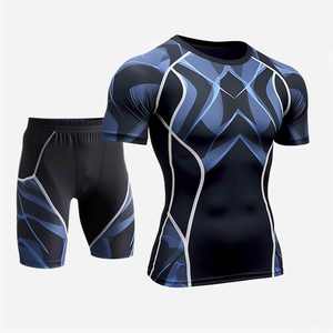 Ensembles de lutte tricotés unisexes personnalisés en 2 pièces, t-shirt + short, ensembles de rashguard imprimés par transfert thermique, écologiques, séchage rapide - Product Image 1