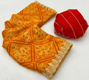 Saree léger en mousseline de soie Soft Bandhej avec bordure brodée et chemisier fantaisie contrasté pour adultes - Product Image 3