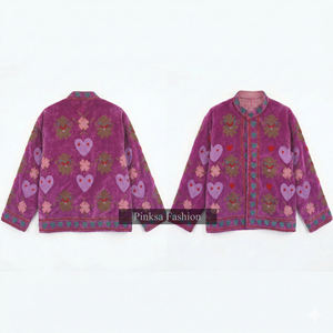 Vintage Ethnic Style Women's <b>Velvet</b> Knitted Cotton Varsity Jacket Hand Embroidered Floral Heart Pattern <b>Quilted</b> Eco-Friendly - Product Image 2