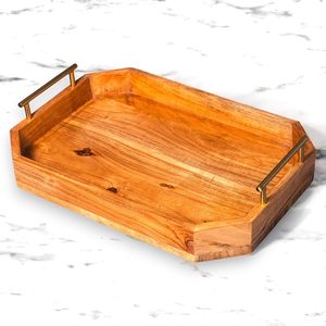 Plateau de service en bois abstrait artisanal avec poignées dorées mates Décoration de service naturelle avec la meilleure qualité disponible au meilleur prix - Product Image 1