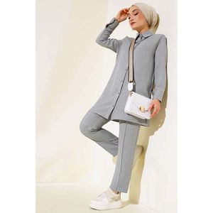 Ensemble 2 pièces en lin avec boutons supérieurs gris - Product Image 4