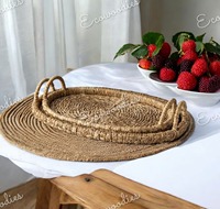 Plateau de service ovale en jute écologique de haute qualité avec poignées en bambou, lot de 2 plateaux pour la maison, l'hôtel, le restaurant, le salon