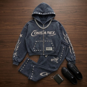 <b>Charcoal</b> Rhinestone Graphic Zip Up Hoodie Sweatpants Tracksuit Set Mens Streetwear Two Piece <b>Jogger</b> Outfit Wholesale - Product Image 6